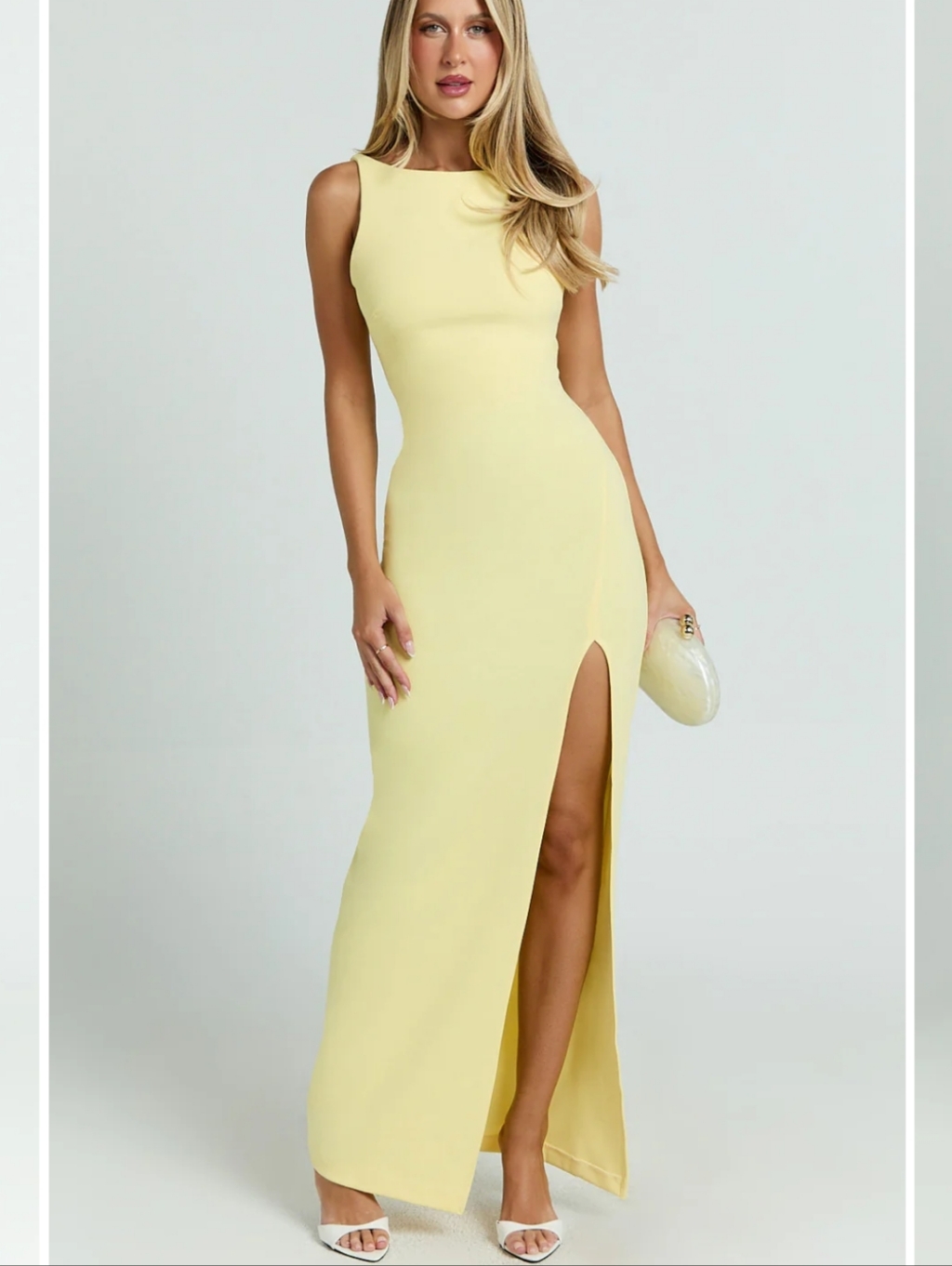 Showpo Indi Maxi Dress Lemon Yellow Bodycon Slit Formal Dress Size 8 Nwt